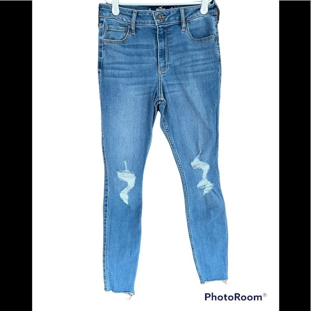 Hollister Curvy Mid Rise Super Skinny Jeans with distressed knees and raw hems